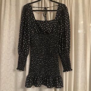 Forever 21 Black & White Polka Dot Shirred Long Sleeve Dress